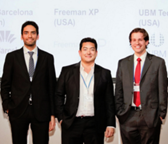 (Left to Right) 2014 UFI Operations & Services Award winner Xavier Michavila (Fira Barcelona), is joined by competition finalists Marc Pomerleau (Freeman Enterprise, USA) and Christopher Watters (UBM LLC, USA).